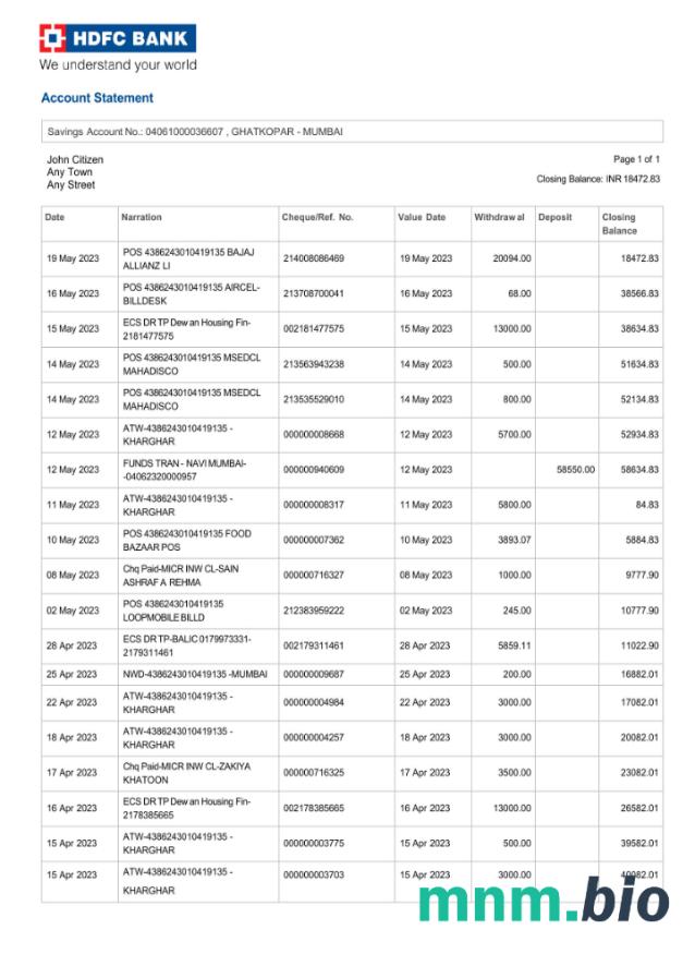 Indie HDFC wyciąg z konta bankowego Word i szablon PDF, 2 strony